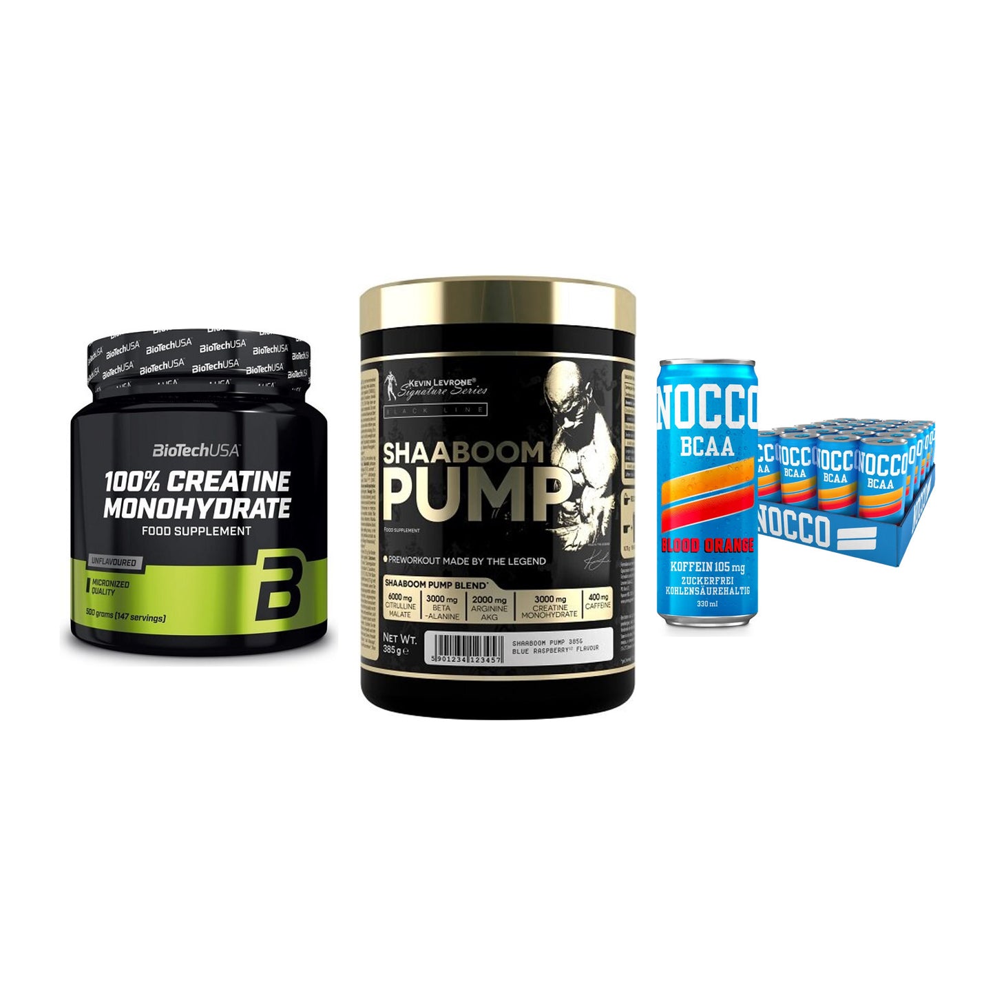 Kraft-Stack: BioTech Creatine + Kevin Levrone + Nocco BCAA Drink – alle enthaltenen Artikel