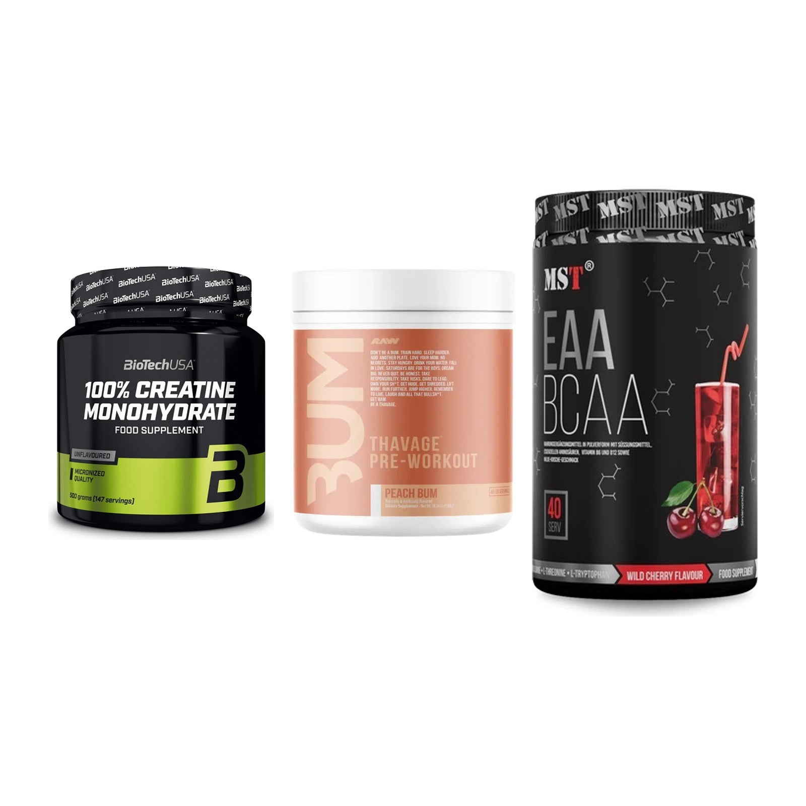 Kraft-Stack: BioTech Creatine + RAW Nutrition + MST EAA & BCAA – alle enthaltenen Artikel