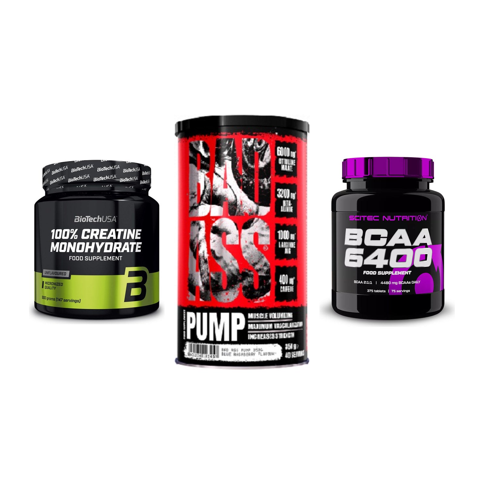 Kraft-Stack: BioTech Creatine + BAD ASS Pump + Scitec BCAA 6400 – alle enthaltenen Artikel