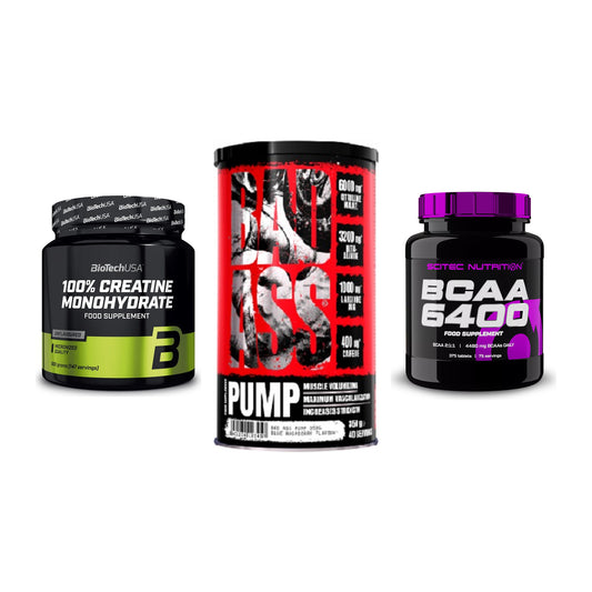 Kraft-Stack: BioTech Creatine + BAD ASS Pump + Scitec BCAA 6400 – alle enthaltenen Artikel