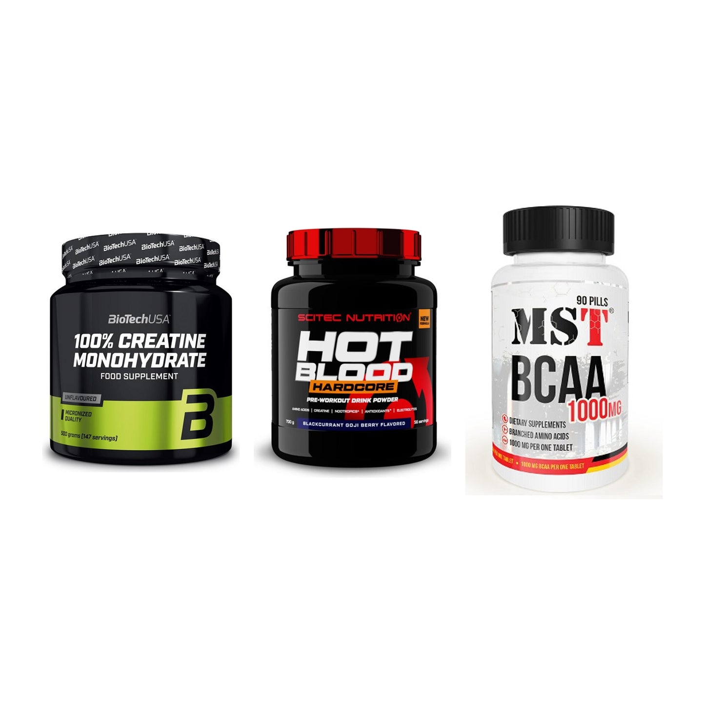 Kraft-Stack: BioTech Creatine + Scitec Hot Blood + MST BCAA 1000 (90 – alle enthaltenen Artikel