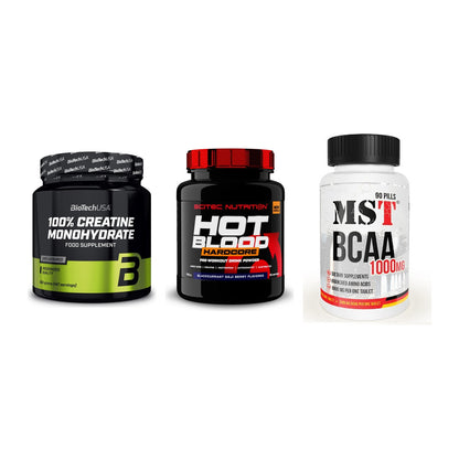 Kraft-Stack: BioTech Creatine + Scitec Hot Blood + MST BCAA 1000 (90 – alle enthaltenen Artikel