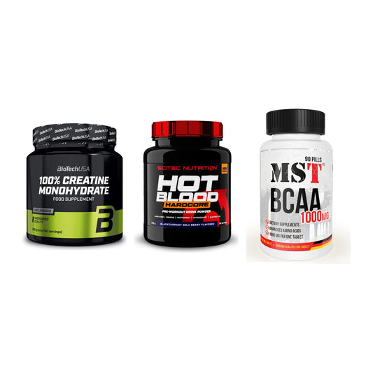 Kraft-Stack: BioTech Creatine + Scitec Hot Blood + MST BCAA 1000 (90 – alle enthaltenen Artikel