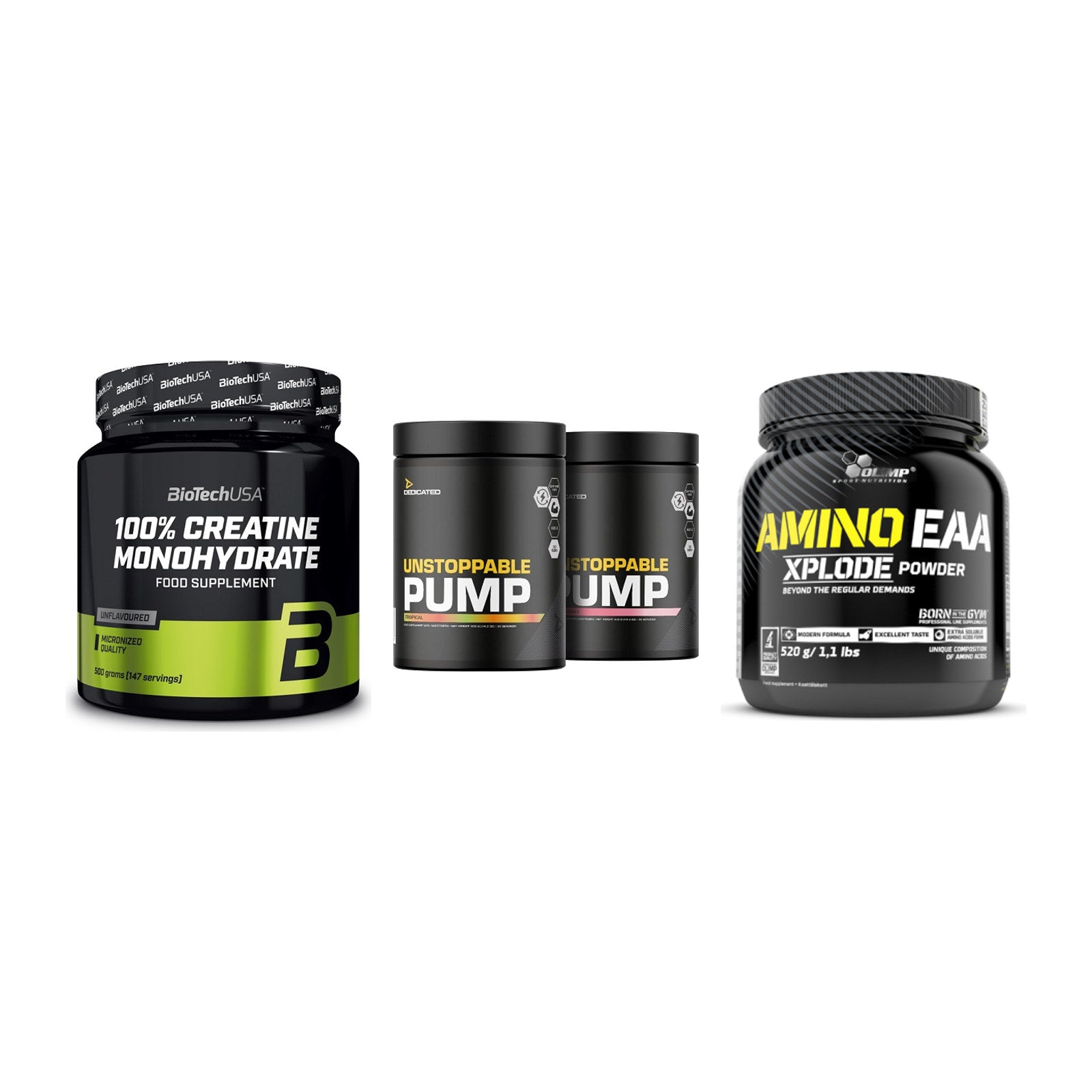 Kraft-Stack: BioTech Creatine + Dedicated + Olimp Amino EAA – alle enthaltenen Artikel