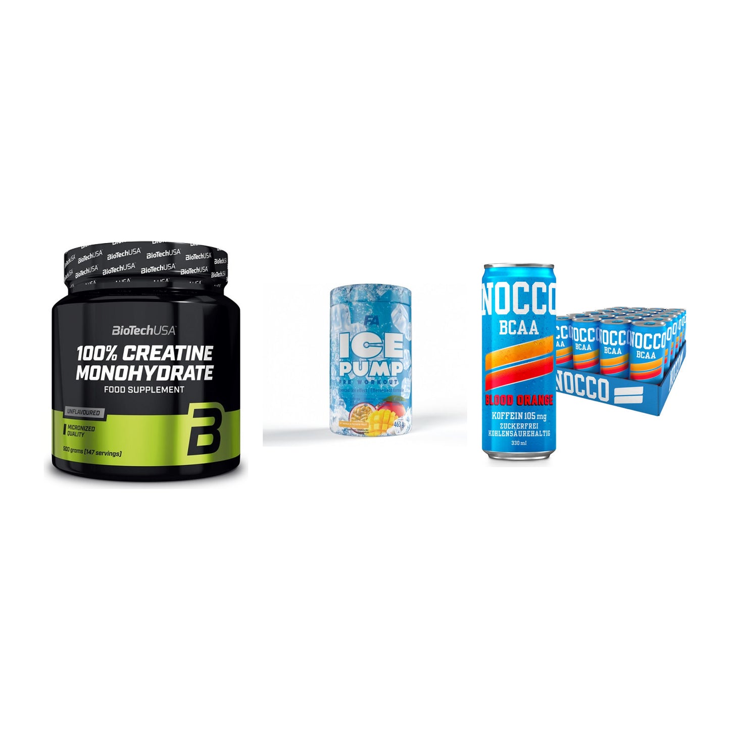 Kraft-Stack: BioTech Creatine + FA Nutrition ICE + Nocco BCAA Drink – alle enthaltenen Artikel