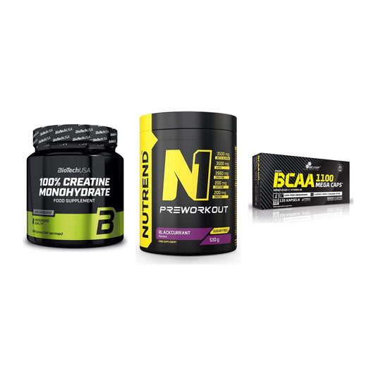 Kraft-Stack: BioTech Creatine + Nutrend N1 + Olimp BCAA Mega – alle enthaltenen Artikel