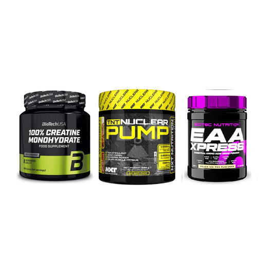 Kraft-Stack: BioTech Creatine + NXT Nutrition TNT + Scitec EAA Xpress – alle enthaltenen Artikel