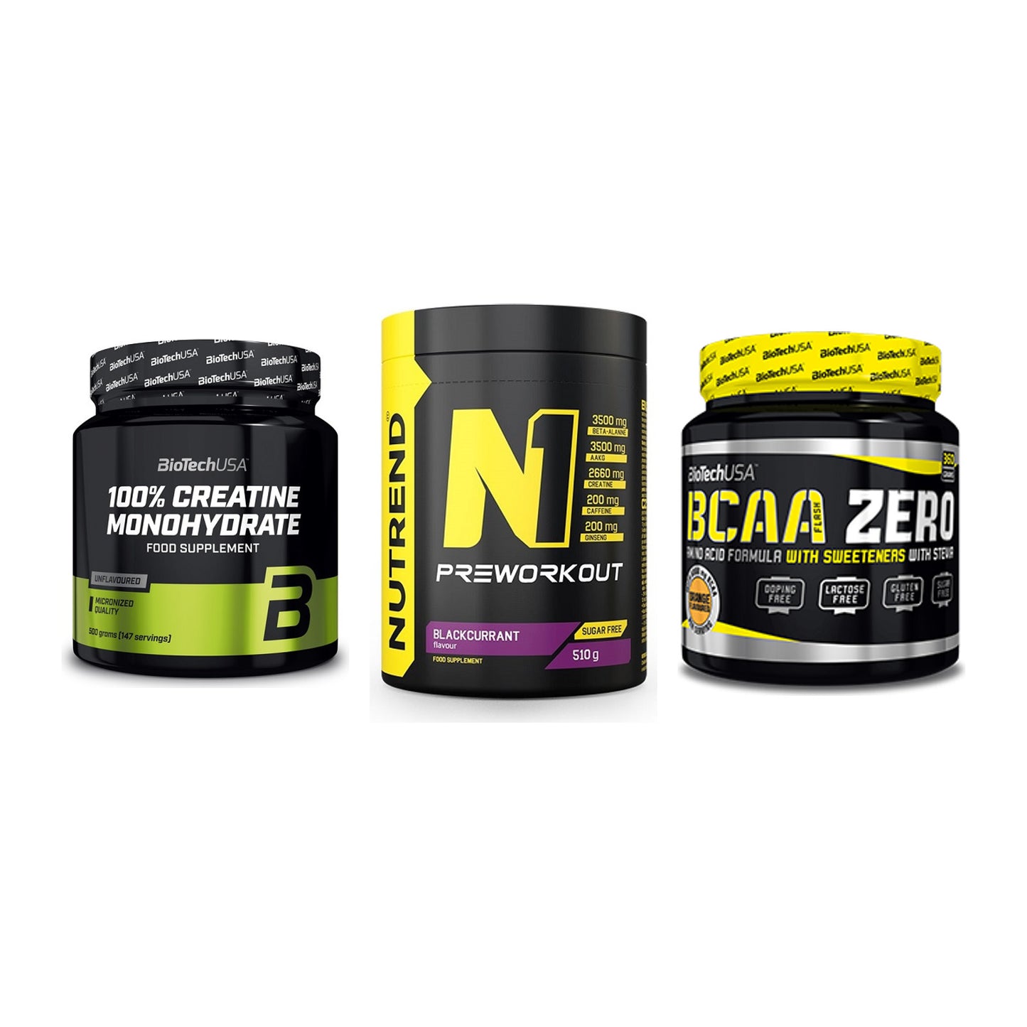 Kraft-Stack: BioTech Creatine + Nutrend N1 + BioTech BCAA Zero – alle enthaltenen Artikel