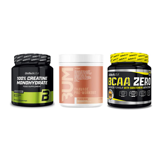Kraft-Stack: BioTech Creatine + RAW Nutrition + BioTech BCAA Zero – alle enthaltenen Artikel