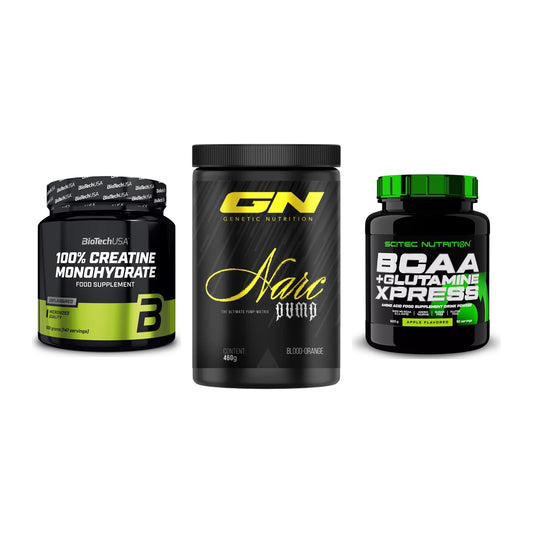 Kraft-Stack: BioTech Creatine + GN Narc Pump + Scitec BCAA – alle enthaltenen Artikel