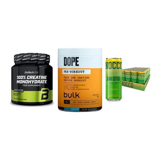 Kraft-Stack: BioTech Creatine + Bulk Dope + Nocco BCAA Drink – alle enthaltenen Artikel