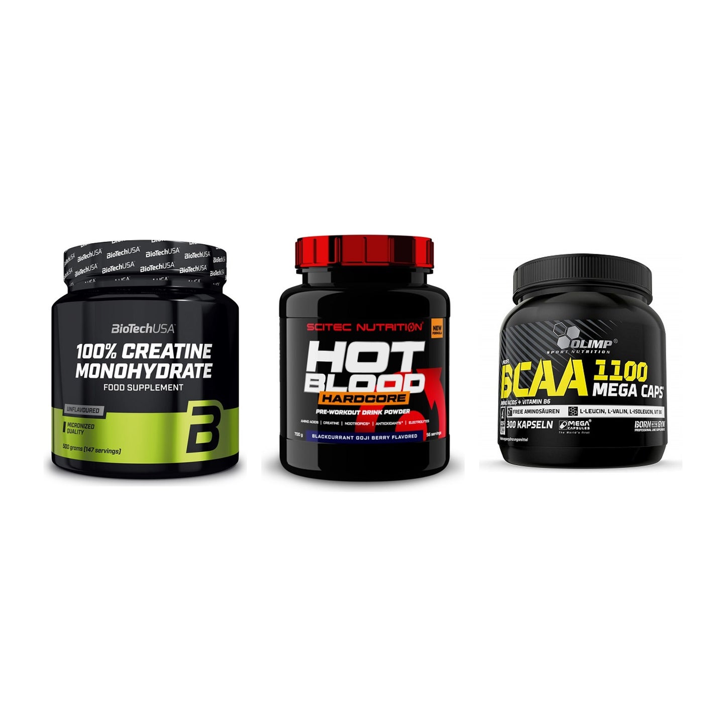 Kraft-Stack: BioTech Creatine + Scitec Hot Blood + Olimp BCAA Mega – alle enthaltenen Artikel