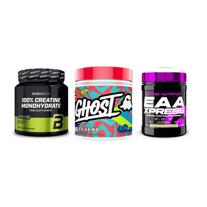 Kraft-Stack: BioTech Creatine + Ghost Legend V4 + Scitec EAA Xpress – alle enthaltenen Artikel