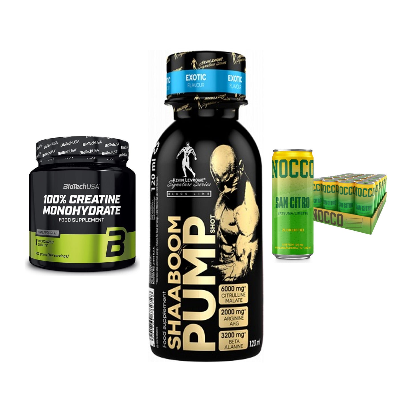 Kraft-Stack: BioTech Creatine + Kevin Levrone + Nocco BCAA Drink – alle enthaltenen Artikel