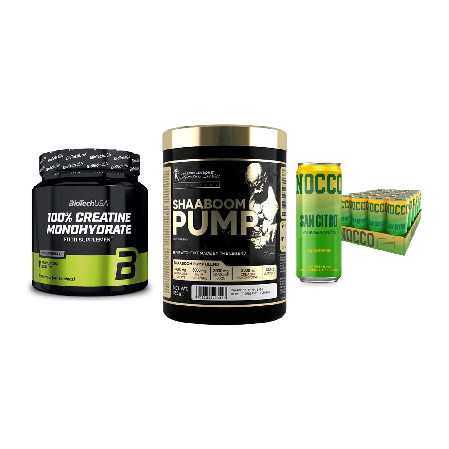 Kraft-Stack: BioTech Creatine + Kevin Levrone + Nocco BCAA Drink – alle enthaltenen Artikel
