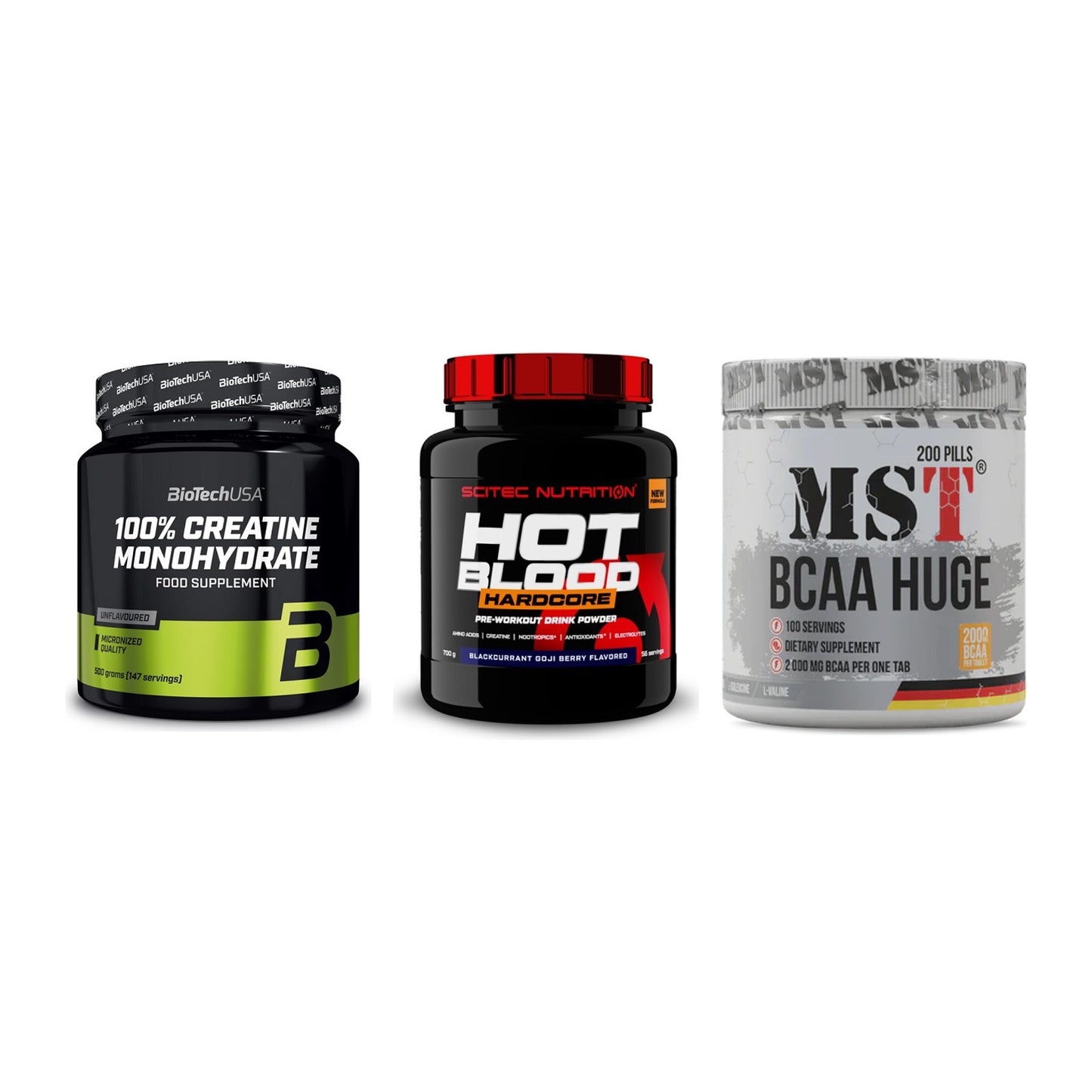 Kraft-Stack: BioTech Creatine + Scitec Hot Blood + MST BCAA Huge 200 – alle enthaltenen Artikel