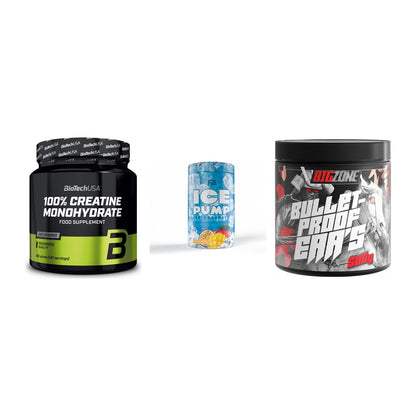 Kraft-Stack: BioTech Creatine + FA Nutrition ICE + Big Zone Bulletpr – alle enthaltenen Artikel