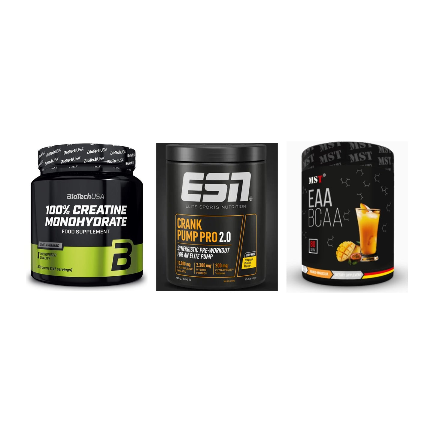 Kraft-Stack: BioTech Creatine + ESN Crank Pump + MST EAA & BCAA – alle enthaltenen Artikel