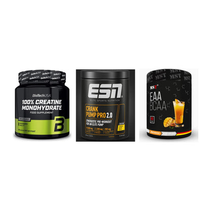 Kraft-Stack: BioTech Creatine + ESN Crank Pump + MST EAA & BCAA – alle enthaltenen Artikel