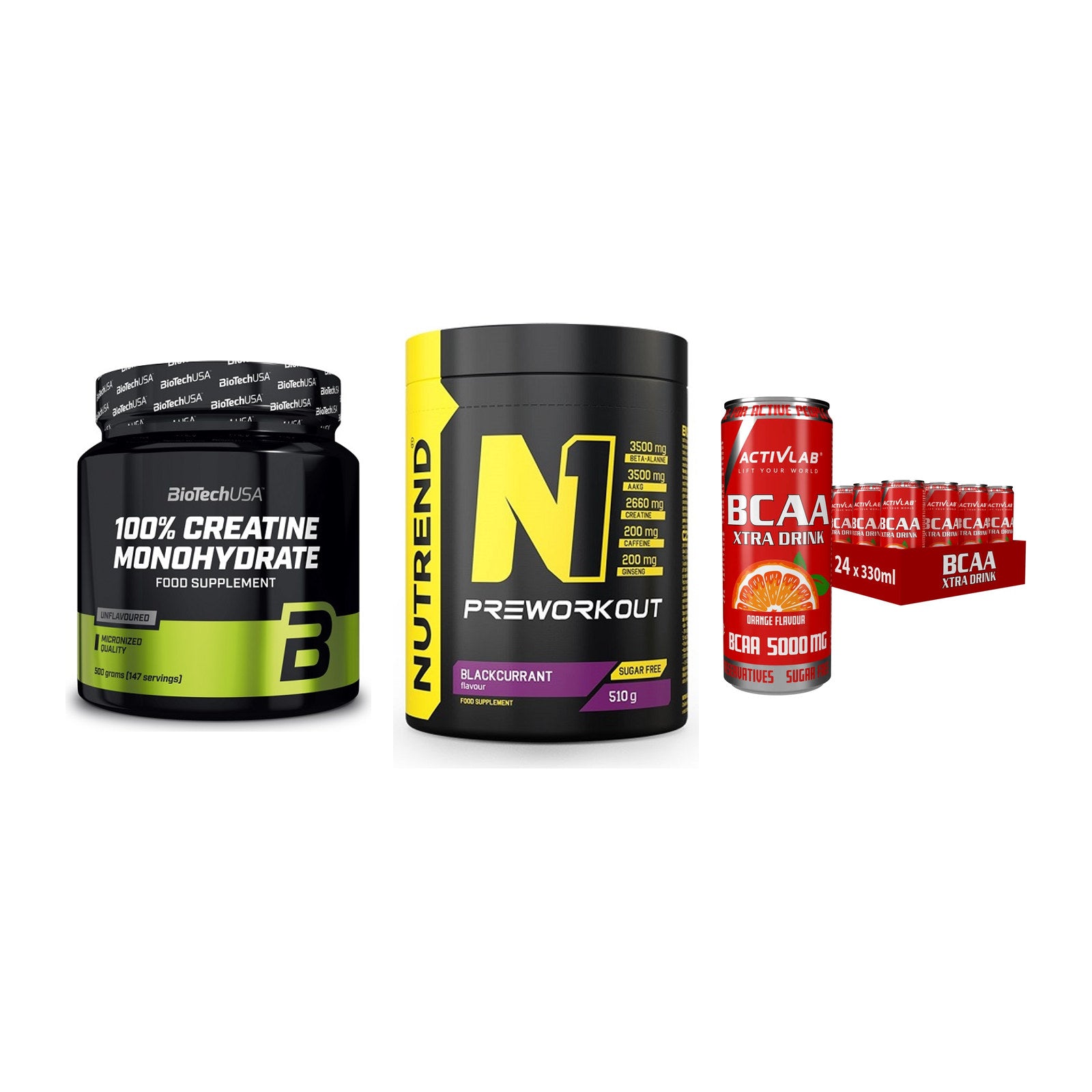 Kraft-Stack: BioTech Creatine + Nutrend N1 + Activlab BCAA – alle enthaltenen Artikel