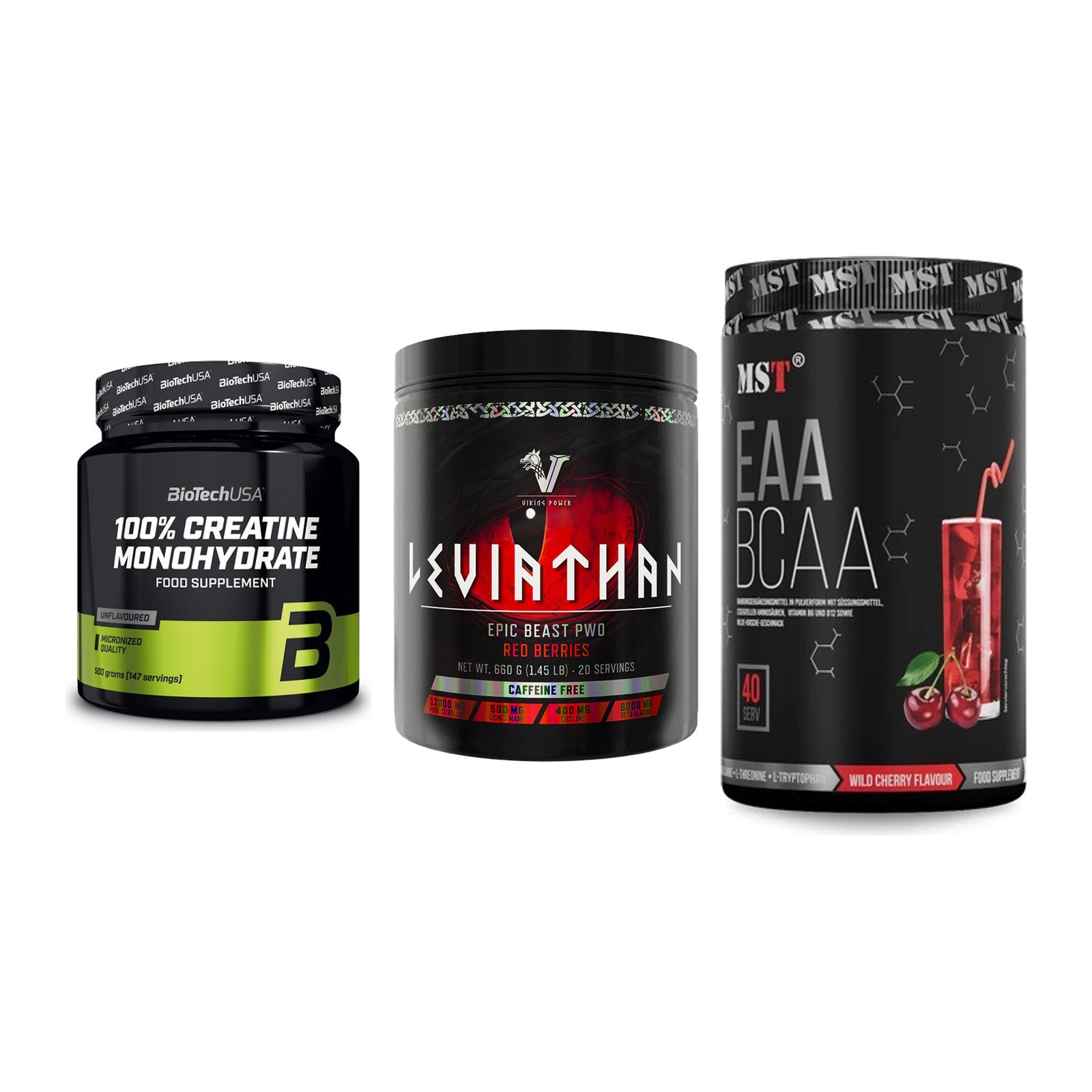 Kraft-Stack: BioTech Creatine + Viking Power + MST EAA & BCAA – alle enthaltenen Artikel