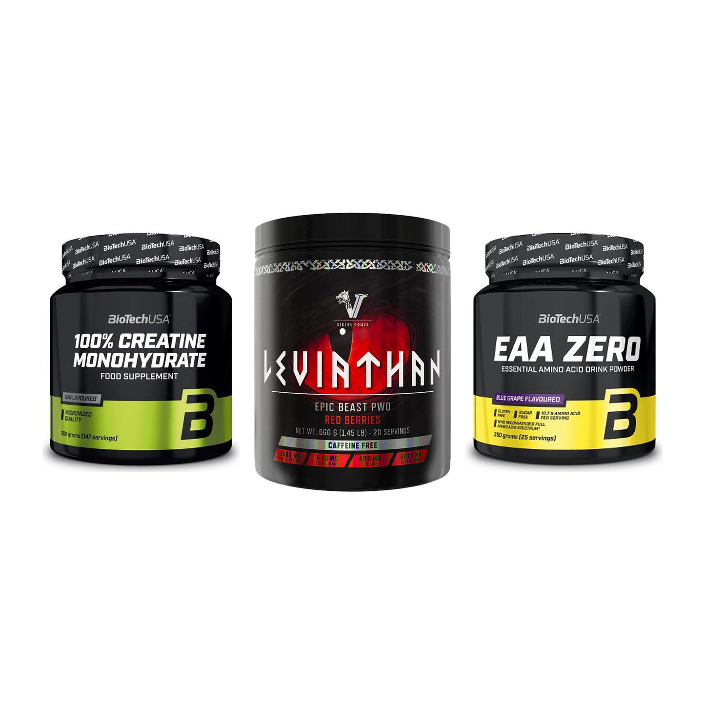 Kraft-Stack: BioTech Creatine + Viking Power + BioTech EAA Zero – alle enthaltenen Artikel