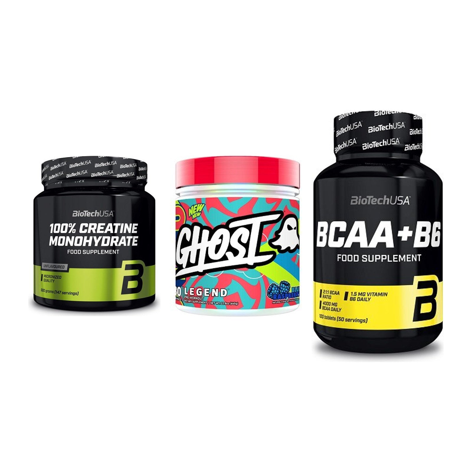 Kraft-Stack: BioTech Creatine + Ghost Legend V4 + BioTech BCAA+B6 – alle enthaltenen Artikel