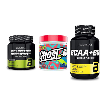 Kraft-Stack: BioTech Creatine + Ghost Legend V4 + BioTech BCAA+B6 – alle enthaltenen Artikel