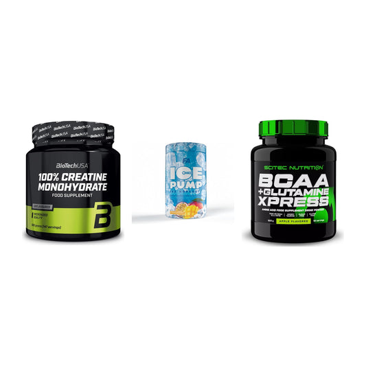 Kraft-Stack: BioTech Creatine + FA Nutrition ICE + Scitec BCAA – alle enthaltenen Artikel