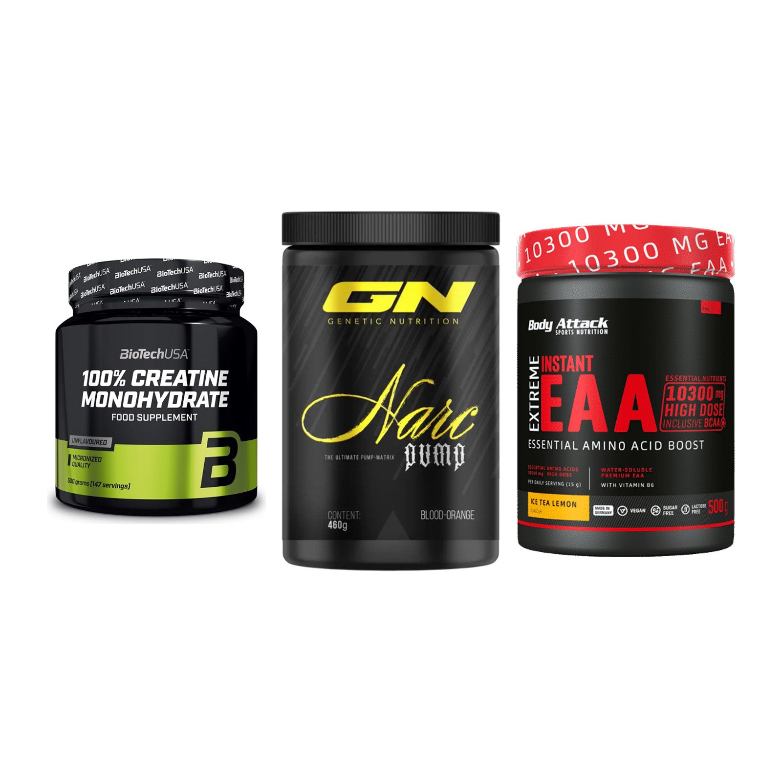 Kraft-Stack: BioTech Creatine + GN Narc Pump + Body Attack – alle enthaltenen Artikel