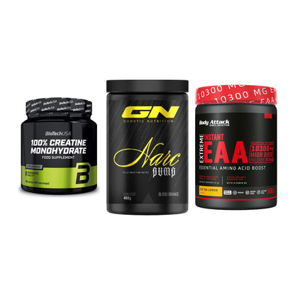 Kraft-Stack: BioTech Creatine + GN Narc Pump + Body Attack – alle enthaltenen Artikel