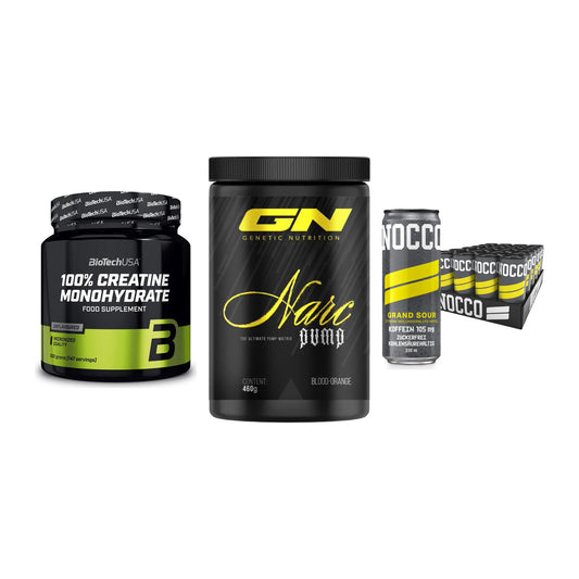 Kraft-Stack: BioTech Creatine + GN Narc Pump + Nocco BCAA Drink – alle enthaltenen Artikel