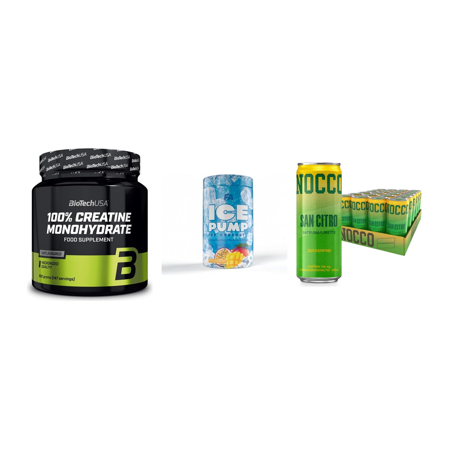 Kraft-Stack: BioTech Creatine + FA Nutrition ICE + Nocco BCAA Drink – alle enthaltenen Artikel