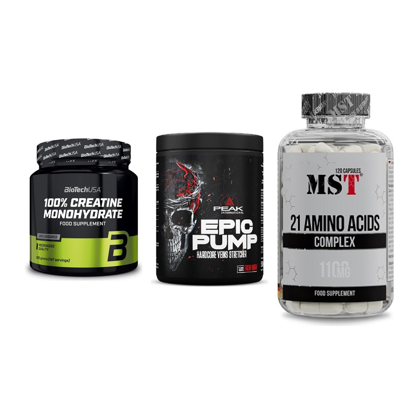 Kraft-Stack: BioTech Creatine + Peak EPIC Pump + MST 21 Amino – alle enthaltenen Artikel