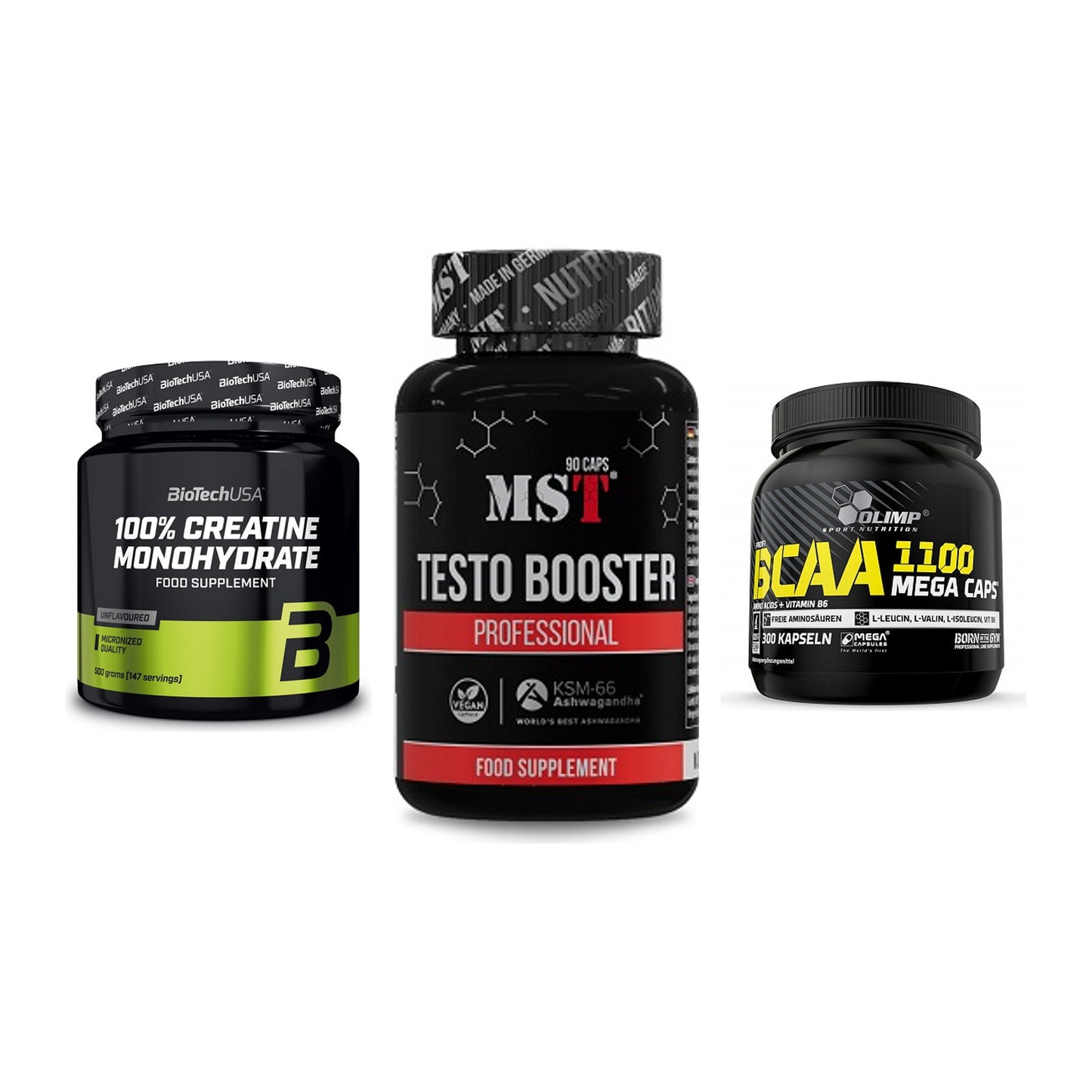 Kraft-Stack: BioTech Creatine + MST Testo Booster + Olimp BCAA Mega – alle enthaltenen Artikel