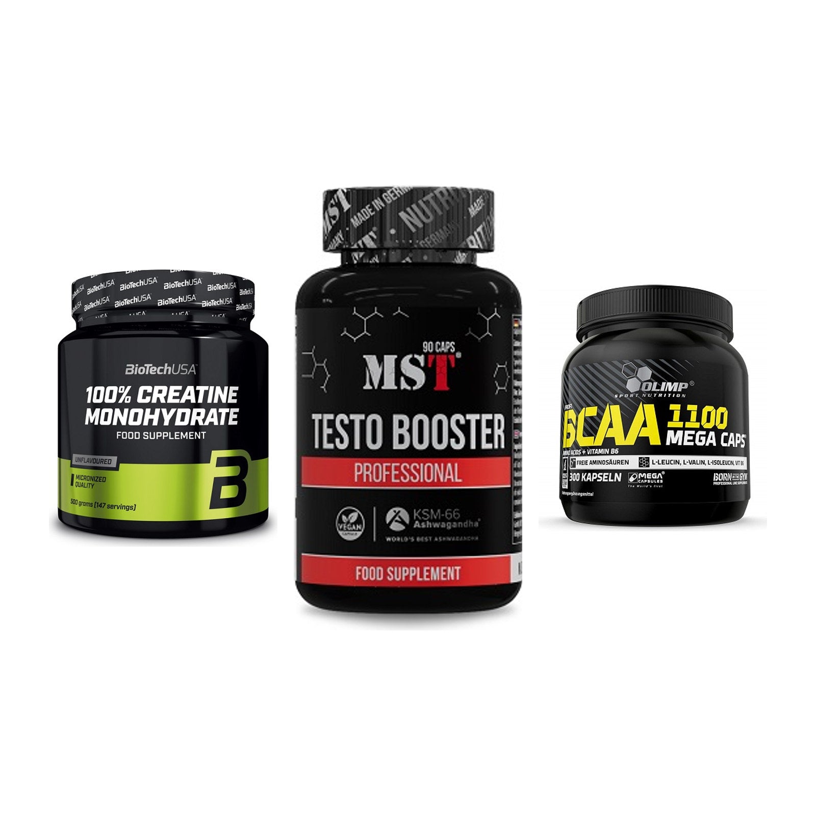 Kraft-Stack: BioTech Creatine + MST Testo Booster + Olimp BCAA Mega – alle enthaltenen Artikel
