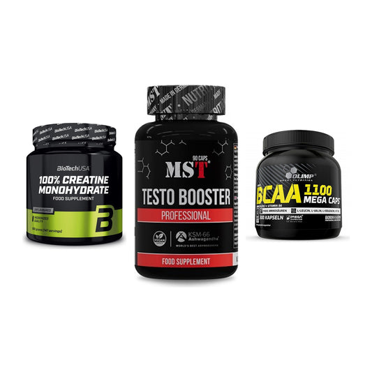Kraft-Stack: BioTech Creatine + MST Testo Booster + Olimp BCAA Mega – alle enthaltenen Artikel
