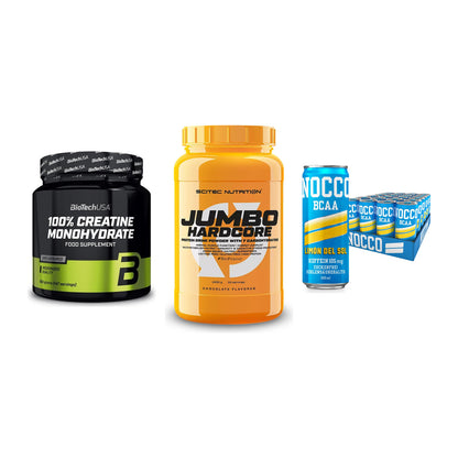 Kraft-Stack: BioTech Creatine + Scitec Jumbo + Nocco BCAA Drink – alle enthaltenen Artikel