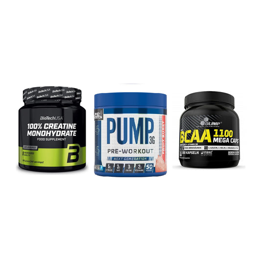 Kraft-Stack: BioTech Creatine + Applied Nutrition + Olimp BCAA Mega – alle enthaltenen Artikel