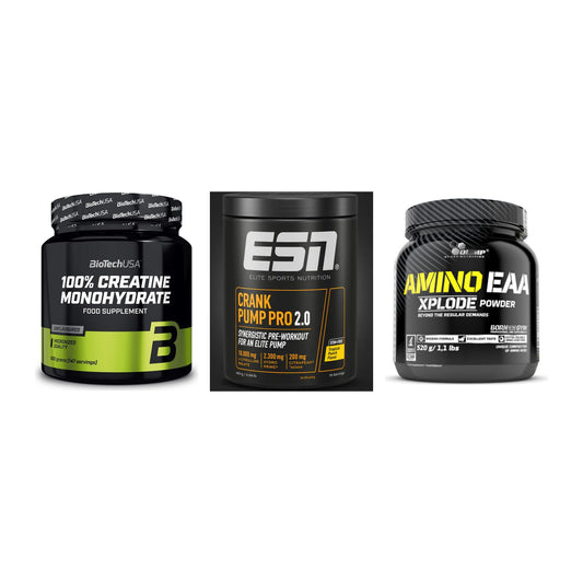 Kraft-Stack: BioTech Creatine + ESN Crank Pump + Olimp Amino EAA – alle enthaltenen Artikel