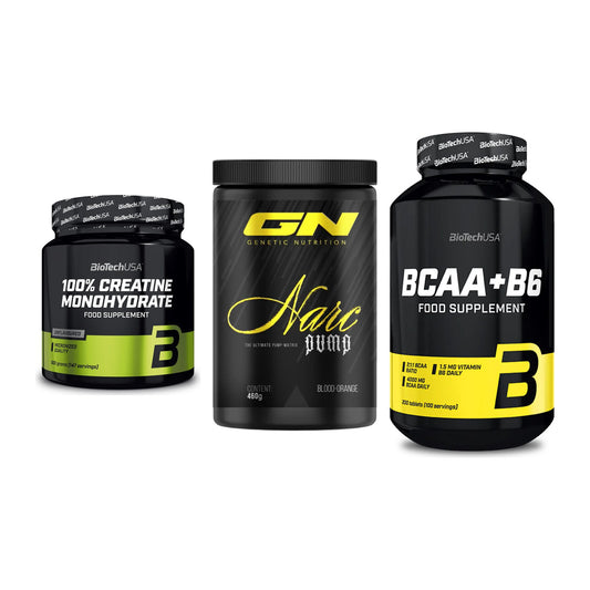 Kraft-Stack: BioTech Creatine + GN Narc Pump + BioTech BCAA+B6 – alle enthaltenen Artikel