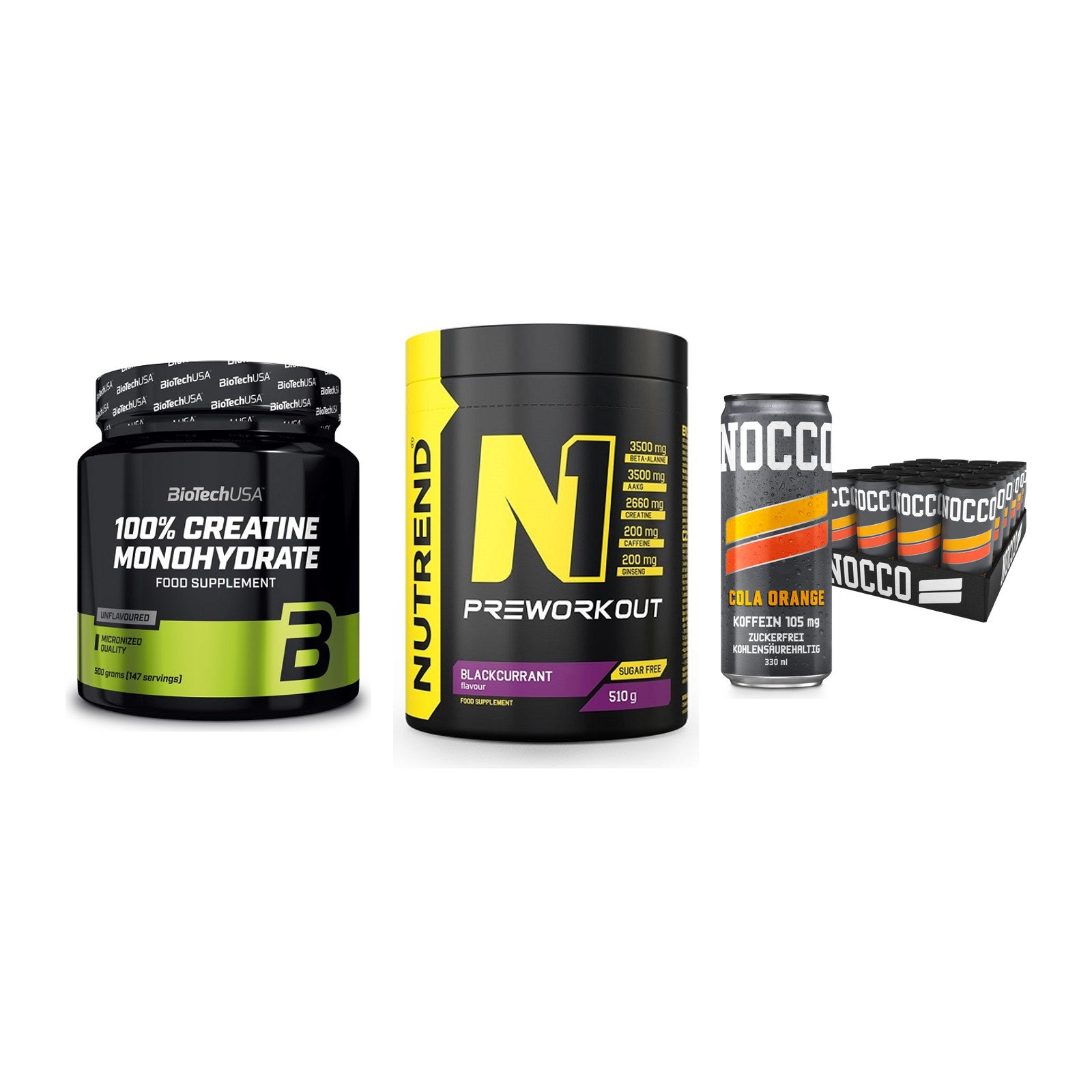 Kraft-Stack: BioTech Creatine + Nutrend N1 + Nocco BCAA Drink – alle enthaltenen Artikel