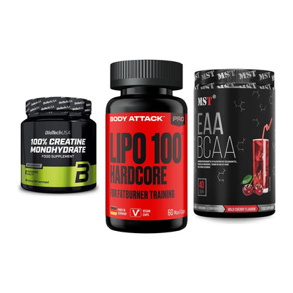 Kraft-Stack: BioTech Creatine + Body Attack LIPO + MST EAA & BCAA – alle enthaltenen Artikel