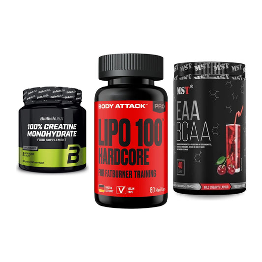 Kraft-Stack: BioTech Creatine + Body Attack LIPO + MST EAA & BCAA – alle enthaltenen Artikel