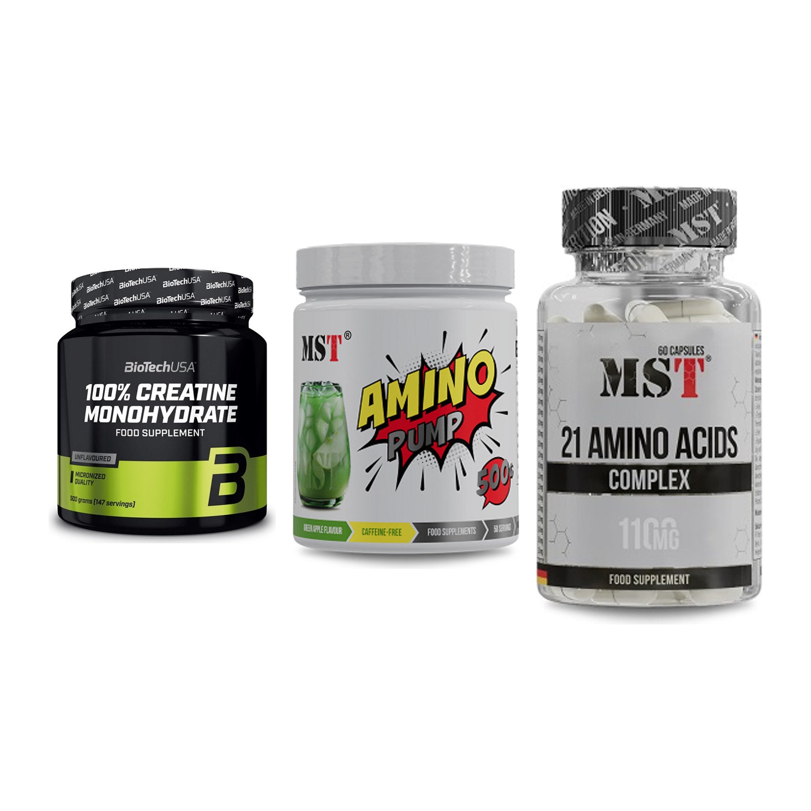 Kraft-Stack: BioTech Creatine + MST Amino Pump + MST 21 Amino – alle enthaltenen Artikel