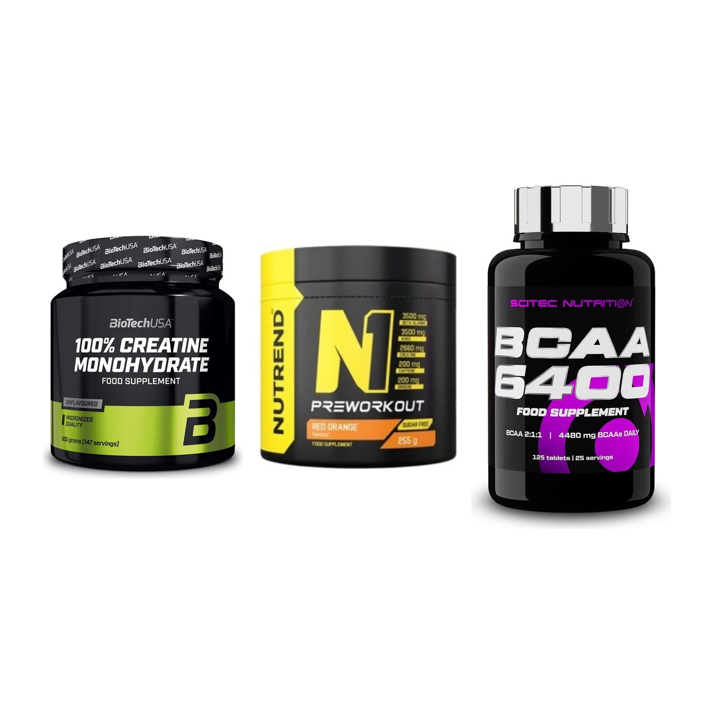 Kraft-Stack: BioTech Creatine + Nutrend N1 + Scitec BCAA 6400 – alle enthaltenen Artikel