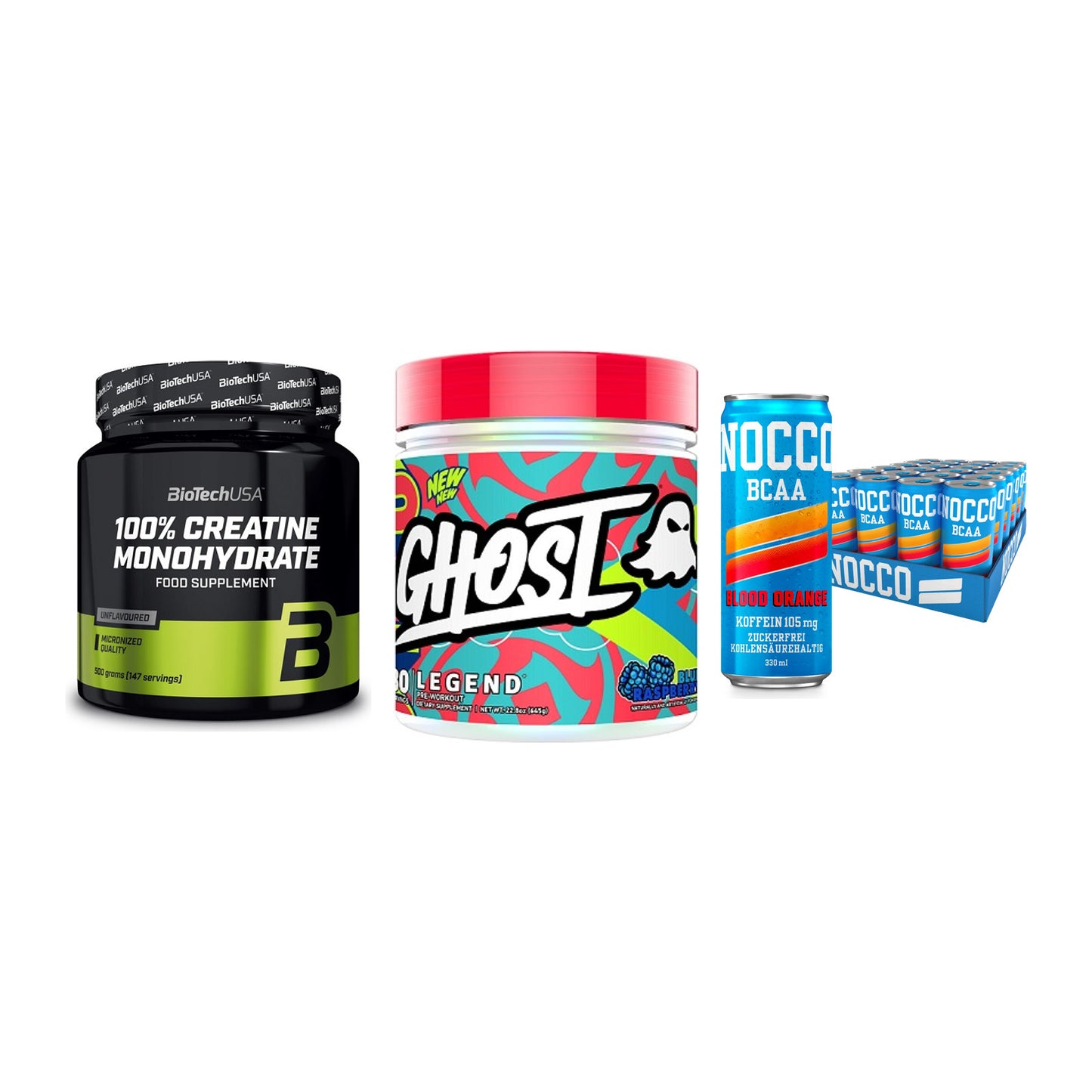 Kraft-Stack: BioTech Creatine + Ghost Legend V4 + Nocco BCAA Drink – alle enthaltenen Artikel