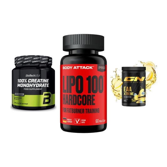Kraft-Stack: BioTech Creatine + Body Attack LIPO + GN EAA Xtreme – alle enthaltenen Artikel