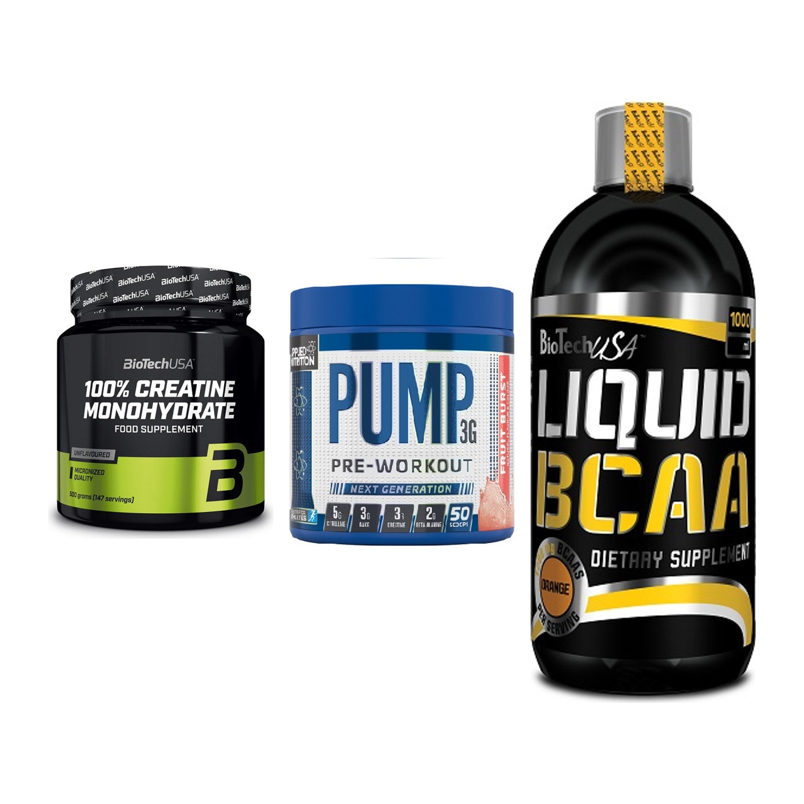 Kraft-Stack: BioTech Creatine + Applied Nutrition + BioTech Liquid – alle enthaltenen Artikel