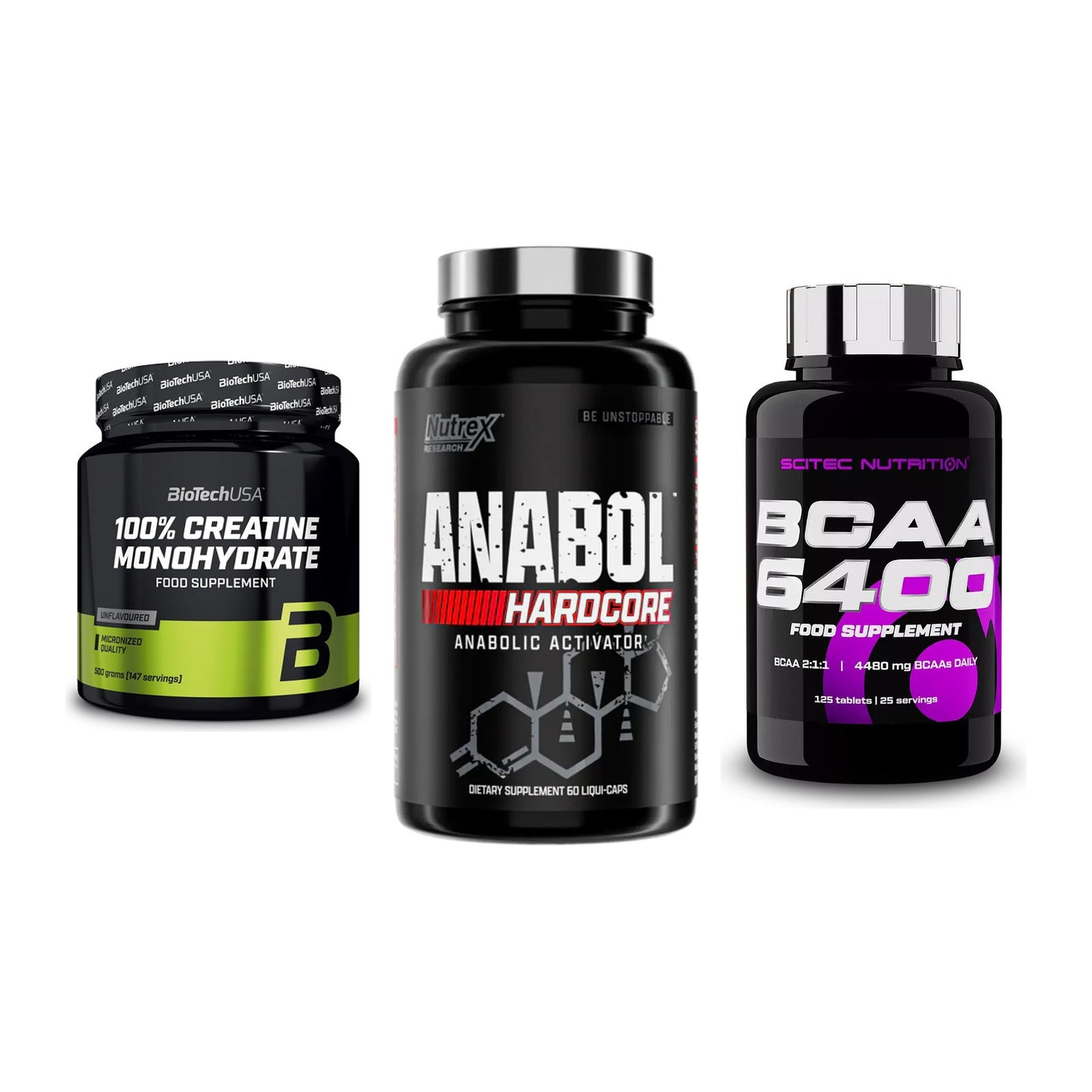 Kraft-Stack: BioTech Creatine + Nutrex Anabol + Scitec BCAA 6400 – alle enthaltenen Artikel